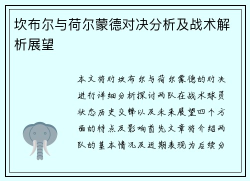 坎布尔与荷尔蒙德对决分析及战术解析展望